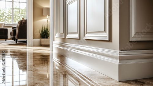 A serene interior scene featuring polished floors and elegant wall paneling, creating a warm and inviting atmosphere.