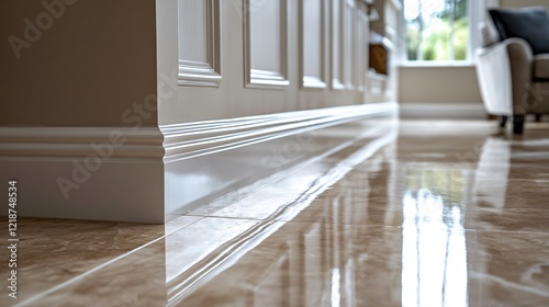 A close-up view of a polished floor reflecting light, with elegant baseboards and a soft-focus living area in the background.