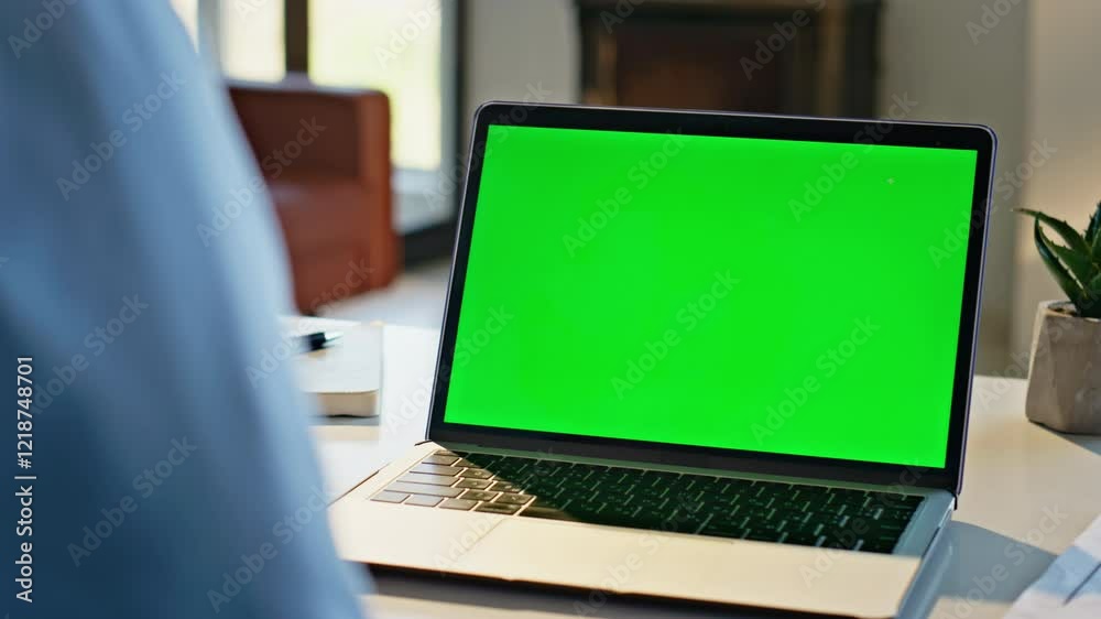 Unknown worker watching mockup laptop computer sitting at home desk zoom out