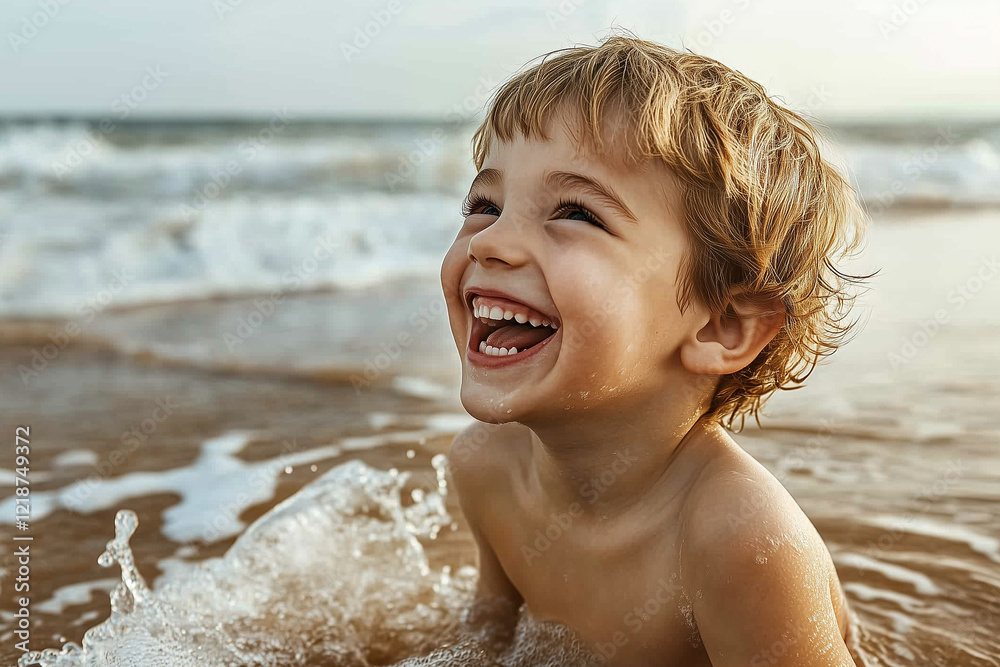 Obraz premium Young Boy Joyfully Playing in the Ocean Waves During a Sunny Day at the Beach