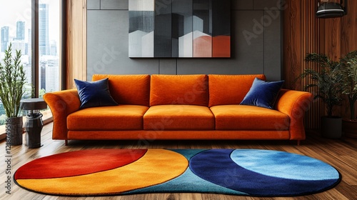 A modern living room featuring a vibrant orange couch, blue accent pillows, and a colorful round rug, with large windows showcasing an urban skyline.