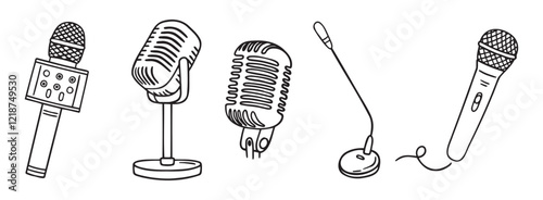 podcasting microphone recording mic doodle hand drawn icon set. Outline drawing microphone line clipart symbol