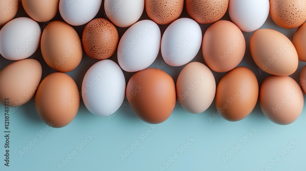An assortment of eggs, including white, brown, and speckled varieties, displayed in a neat arrangement An assortment of eggs, including white, brown, and speckled varieties, displayed in a neat arrangement