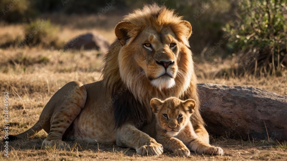 the lion king was sunbathing in the morning with the lion cub the lion king was sunbathing in the morning with the lion cub