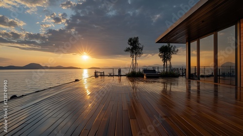 Serene Sunset Over Calm Waters with Modern Wooden Deck and Glass Walls Highlighting Nature's Beauty in a Tranquil Seaside Setting