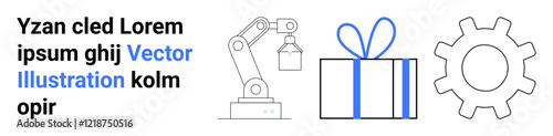 Robotic arm lifting object, present with bow, and gear icon suggest automation and manufacturing innovation. Ideal for industry 4.0, robotics, automation, production, efficiency machinery process