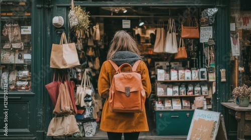 Fototapeta Naklejka Na Ścianę i Meble -  Woman with backpack browsing goods in a small shop.