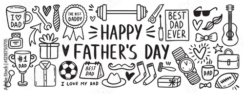 Happy Fathers day doodle outline hand drawn elements set. Fathers day comic family collection. doodle Icons father set. 