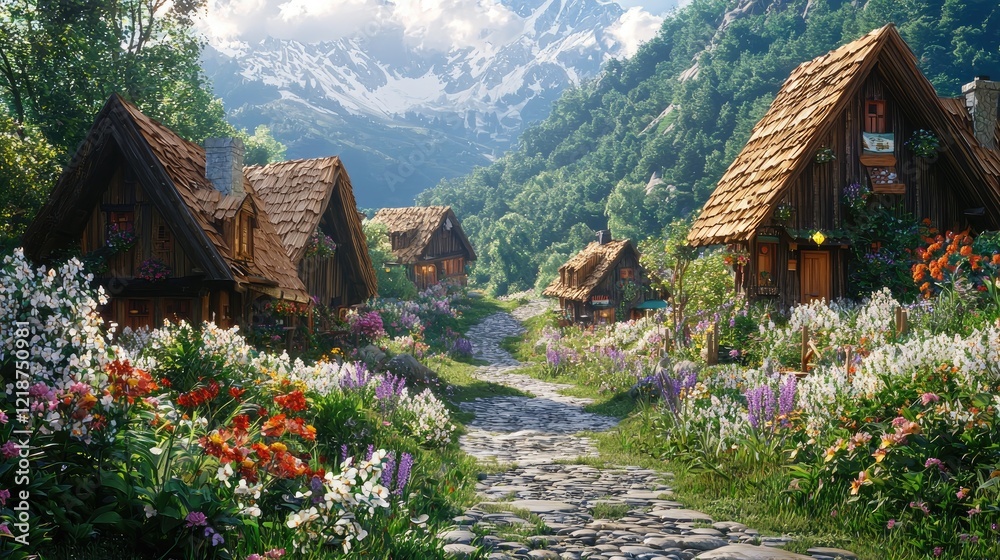 Fototapeta premium Enchanted Mountain Village, Fairytale Cottage Scene