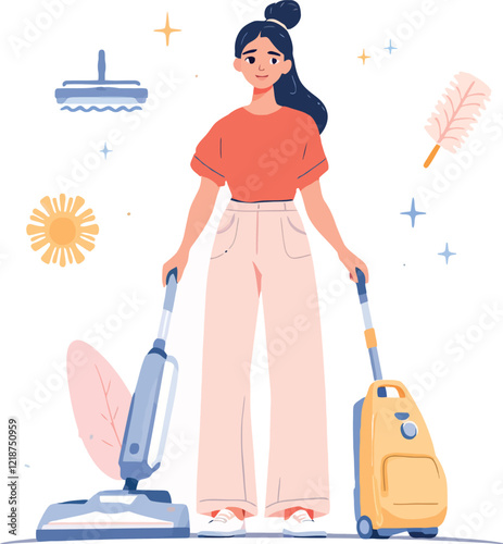 Cleaning lady holding vacuum cleaner and steam mop, housework, cleaning service