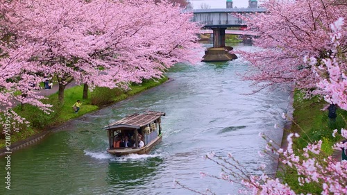 Cherry blossom canal in Kyoto in the springtime, sakura in full bloom in spring in Japan near Okazaki canal, tourism in Japan in spring