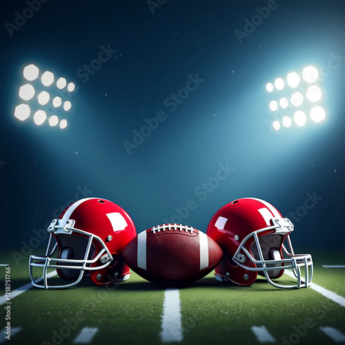 Vibrant blue background banner for American football Sunday, featuring football helmets, designed in high resolution for the game, generative ai
