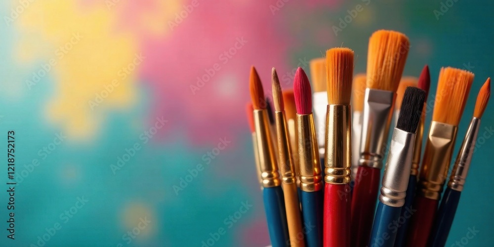 Fototapeta premium A vibrant collection of paintbrushes, poised for artistic expression against a colorful backdrop