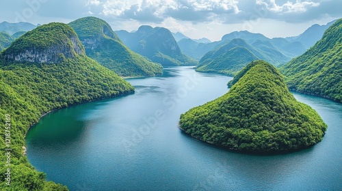 Serene mountain lake, winding valley, lush greenery photo