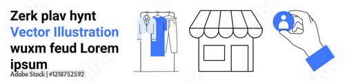 Text block beside clothing rack, storefront, and hand holding user icon. Ideal for e-commerce, retail strategy, customer targeting, marketing, online shopping, user engagement consumer behavior