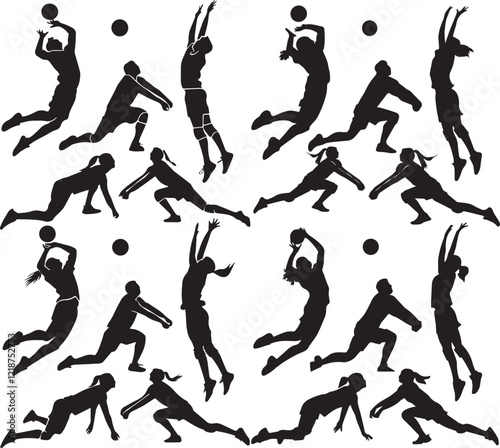 vector silhouettes of various styles of volleyball players