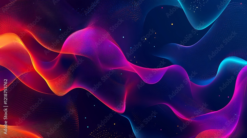 Fototapeta premium A futuristic abstract 3D digital background with flowing geometric shapes, vibrant gradients, and glowing neon effects, designed for versatile creative uses. Copy space in the center.