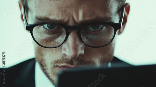 Focused Businessman Working Late with Intense Expression in Modern Office Setting photo