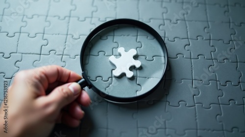 A hand holds a magnifying glass focusing on a single white jigsaw puzzle piece amongst many grey pieces, symbolizing the search for a solution or a missing element