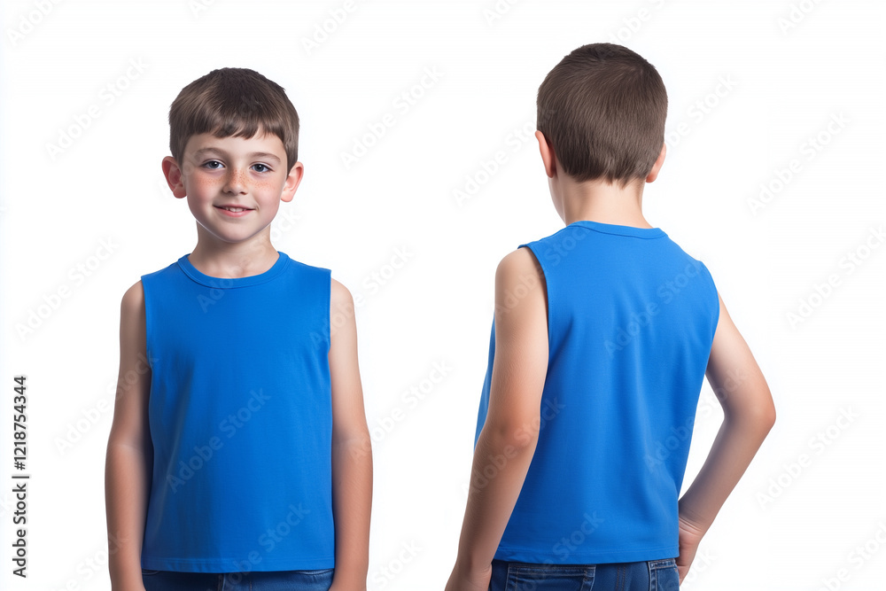 boy wearing a blue sleeveless t-shirt tank top mockup front and back used as a design template boy wearing a blue sleeveless t-shirt tank top mockup front and back used as a design template