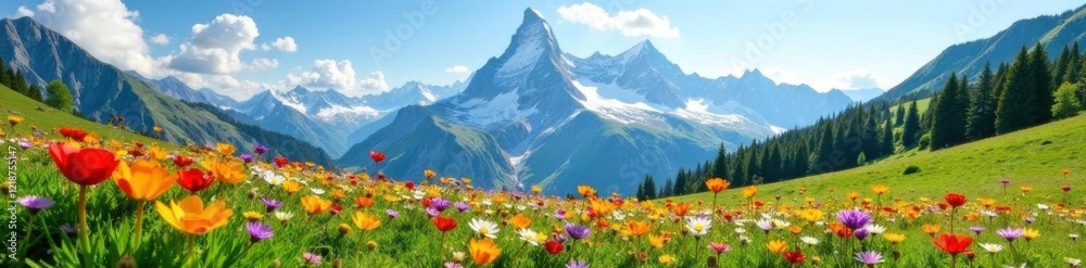 A field of colorful wildflowers blooms beneath the majestic grandeur of Mont Blanc, wildflowers, alpine meadow A field of colorful wildflowers blooms beneath the majestic grandeur of Mont Blanc, wildflowers, alpine meadow