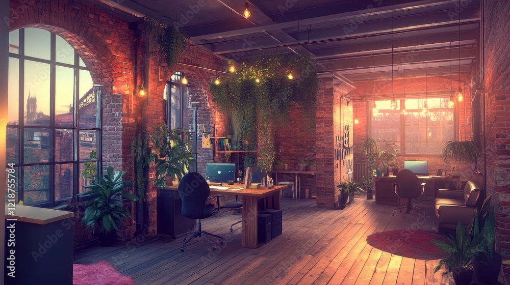 Sunlit Loft Office Workspace with Plants and Brick Walls Sunlit Loft Office Workspace with Plants and Brick Walls