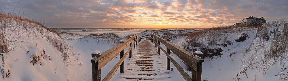 Naklejka premium A wooden walkway leading to the beach, surrounded by dunes and sea grasses at sunset