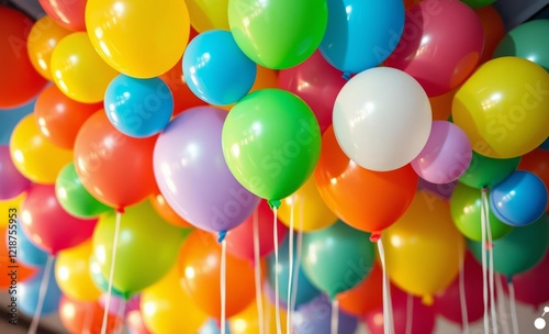Colorful balloons, vibrant party decor, helium-filled latex balloons, festive atmosphere, close-up, multicolored, yellow, green, blue, red, pink, purple, white, celebration, birthday party, joyful moo
