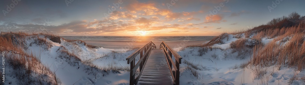 Naklejka premium A wooden walkway leading to the beach, surrounded by dunes and sea grasses at sunset