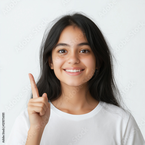 Portrait of a happy teenage girl with black hair, showing one index finger up and smiling, looking at the camera against a white background