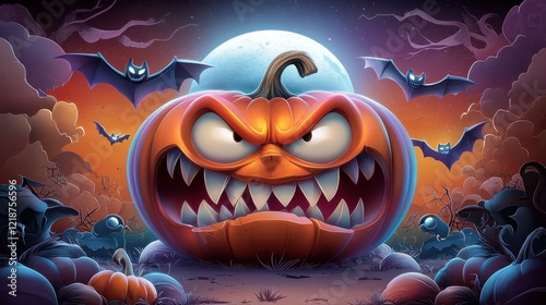 A cartoon-style angry pumpkin with exaggerated features, set against a Halloween-themed backdrop with bats and a full moon.