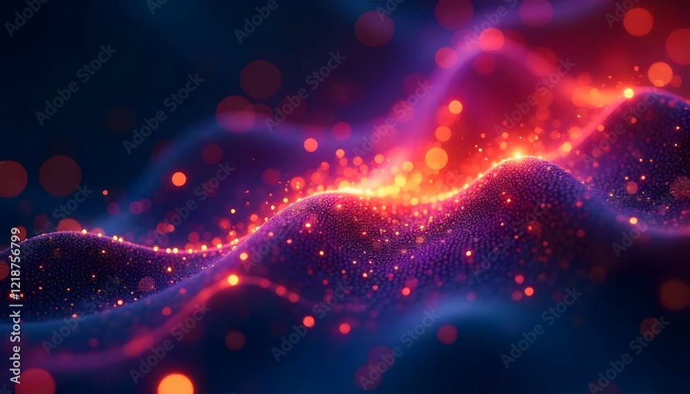 Fototapeta premium Abstract glowing waves with bright red particles on dark background creating a dynamic effect