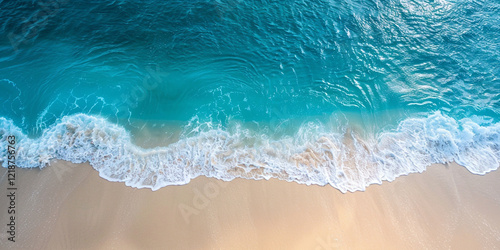 Blue sea ocean water wave on golden sand. Flat lay banner for vacation advertising, travel agency, holiday sales and backgrounds and backdrops with space for text photo