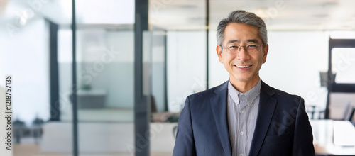 オフィスで撮影された笑顔の50代～60代のビジネスマンのポートレート（Portrait of a smiling businessman in his 50s or 60s photographed in an office）
