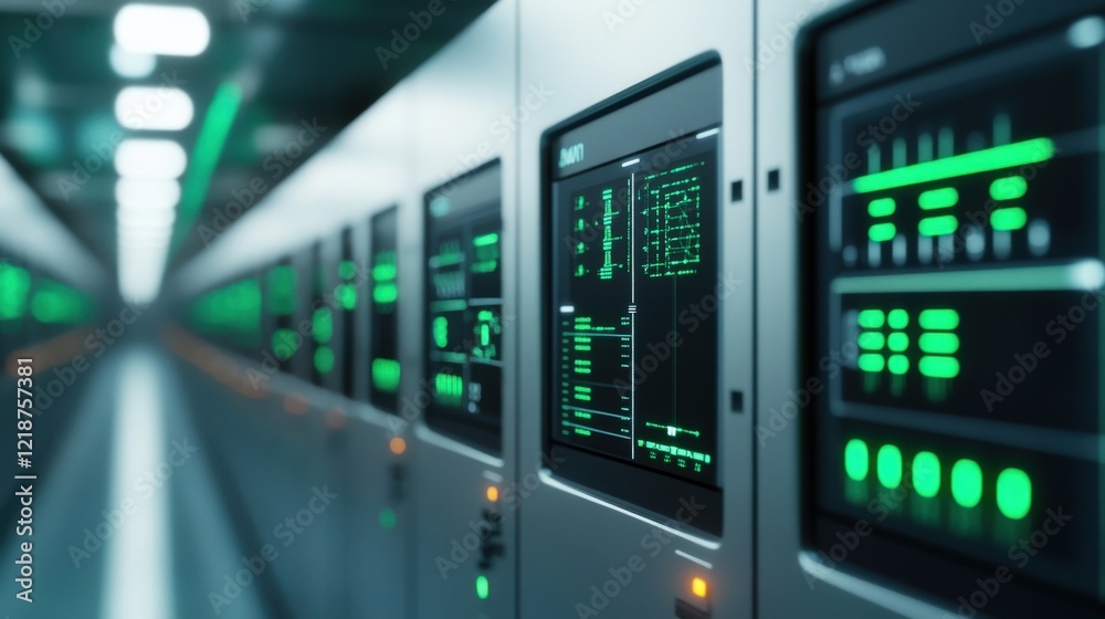 Futuristic Data Center with Green Monitors Displaying Technology Information in a High-Tech Environment Futuristic Data Center with Green Monitors Displaying Technology Information in a High-Tech Environment