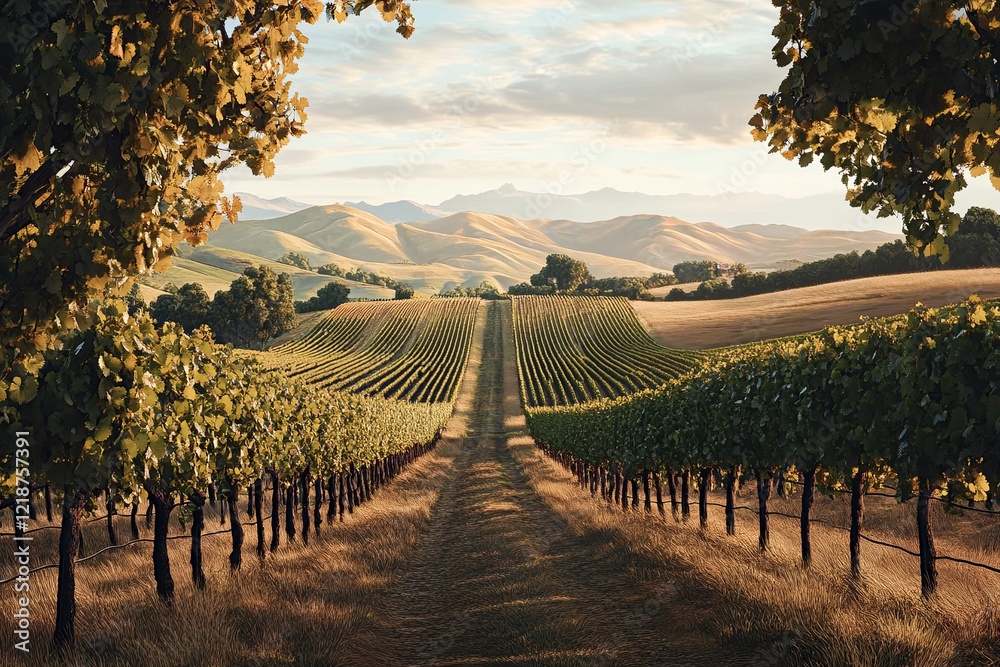 Fototapeta premium Beautiful vineyard landscape with rolling hills and golden sunlight during sunset in a serene countryside setting. Generative AI