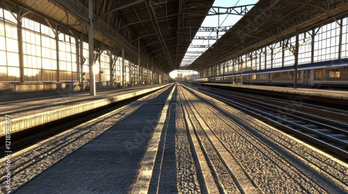 Sunlit Railway Station Platform Tracks and Trains