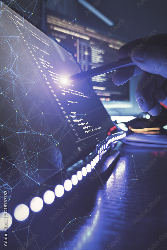 Interactive coding interface with neural network overlay in a high-tech workspace with blue LED backlight and stylus interaction