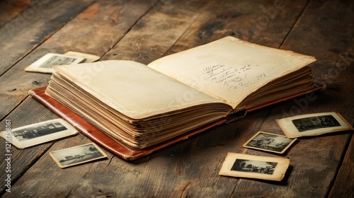 A nostalgic photo of an old photo album open on a wooden table, with scattered vintage photographs and handwritten notes.