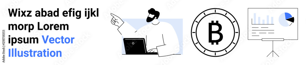Man using laptop and pointing at text, Bitcoin symbol, and presentation board with pie chart and bar graph. Ideal for business, cryptocurrency, analytics, data presentation, finance, technology Man using laptop and pointing at text, Bitcoin symbol, and presentation board with pie chart and bar graph. Ideal for business, cryptocurrency, analytics, data presentation, finance, technology