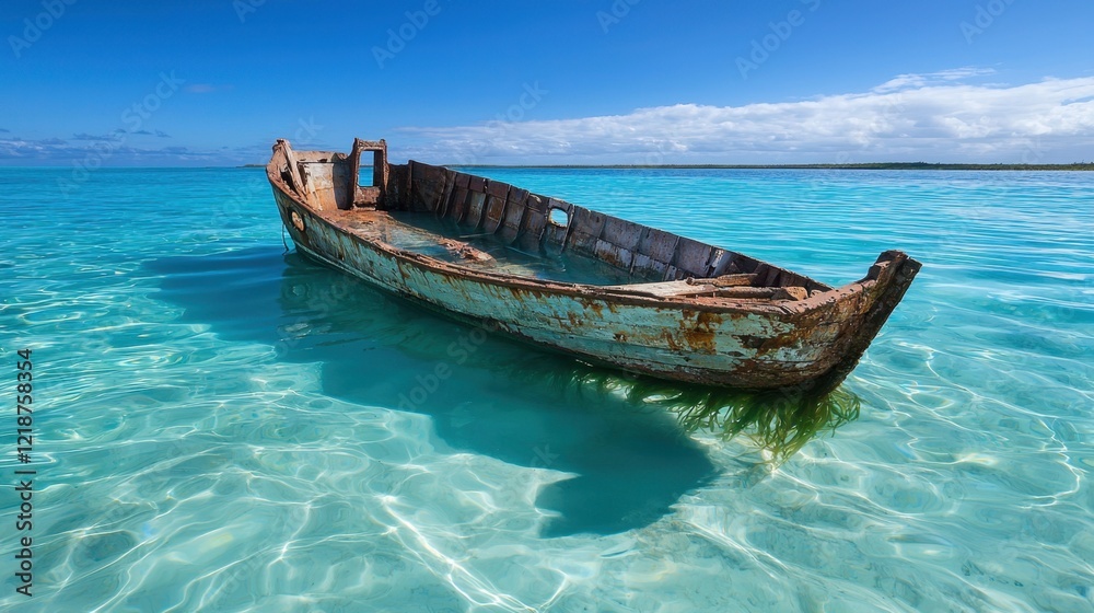 A rusting abandoned shipwreck in shallow waters, surrounded by seaweed and clear turquoise waves A rusting abandoned shipwreck in shallow waters, surrounded by seaweed and clear turquoise waves