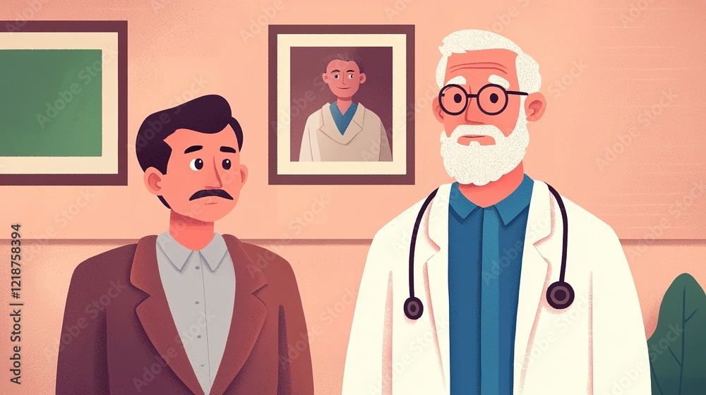 Doctor-patient interaction hospital room digital illustration calm environment eye-level view healthcare discussion Doctor-patient interaction hospital room digital illustration calm environment eye-level view healthcare discussion