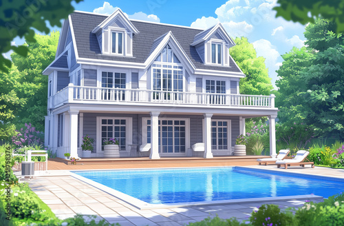 Luxurious private villa with a swimming pool. Evening ambiance in a countryside residence. Exterior of an elegant mansion featuring a pool.