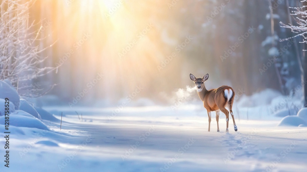A serene winter scene with an adult deer walking through a snowy landscape, its breath visible in the cold air. A serene winter scene with an adult deer walking through a snowy landscape, its breath visible in the cold air.