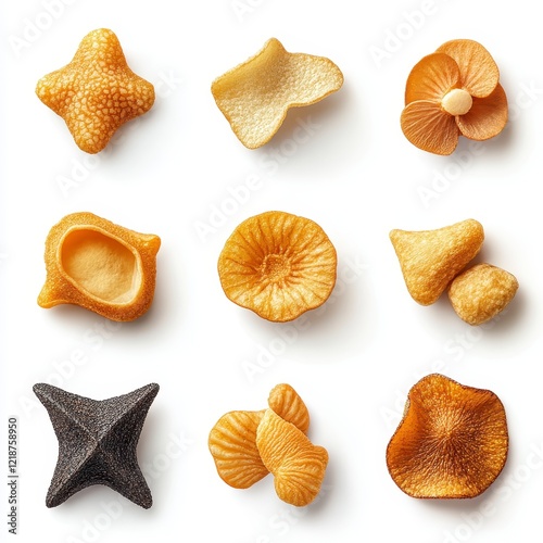 Artistic arrangement of seashells and marine textures in golden hues showcasing diverse shapes and patterns, isolated on white background.	 photo