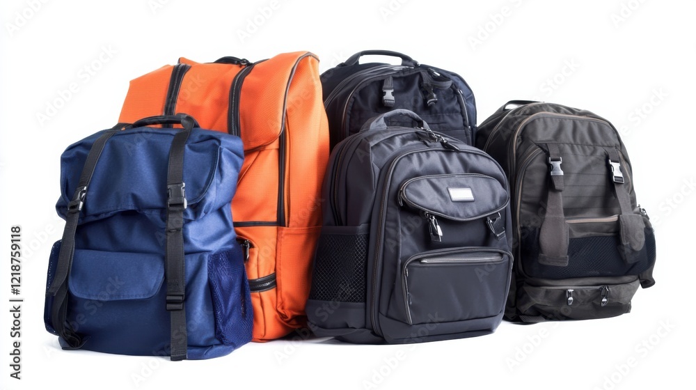 A vibrant collection of four backpacks in various colors and styles, showcasing versatility for travel A vibrant collection of four backpacks in various colors and styles, showcasing versatility for travel