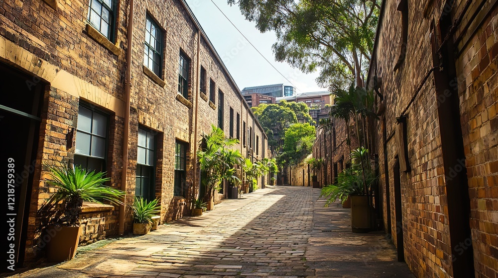 An alleyway in an industrial area of Sydney, with brick buildings and cobbled streets, has a cinematic feel An alleyway in an industrial area of Sydney, with brick buildings and cobbled streets, has a cinematic feel