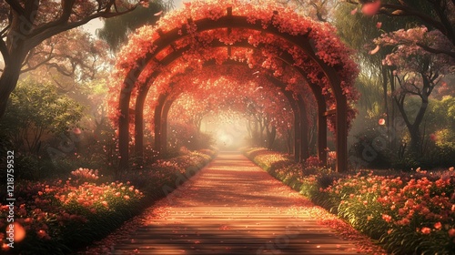 Garden with a wooden arbor covered in blossoming flowers - generated AI