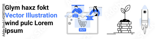 Two individuals with shopping bags by an e-commerce cart interface, alongside a sprouting plant in soil and a rocket ship. Ideal for online shopping, digital marketing, e-commerce, growth