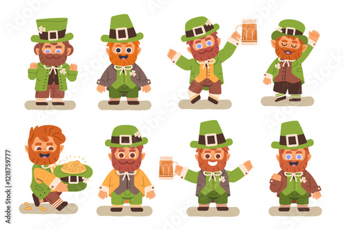 Eight different cute leprechauns on isolated background. Set of happy fantasy characters